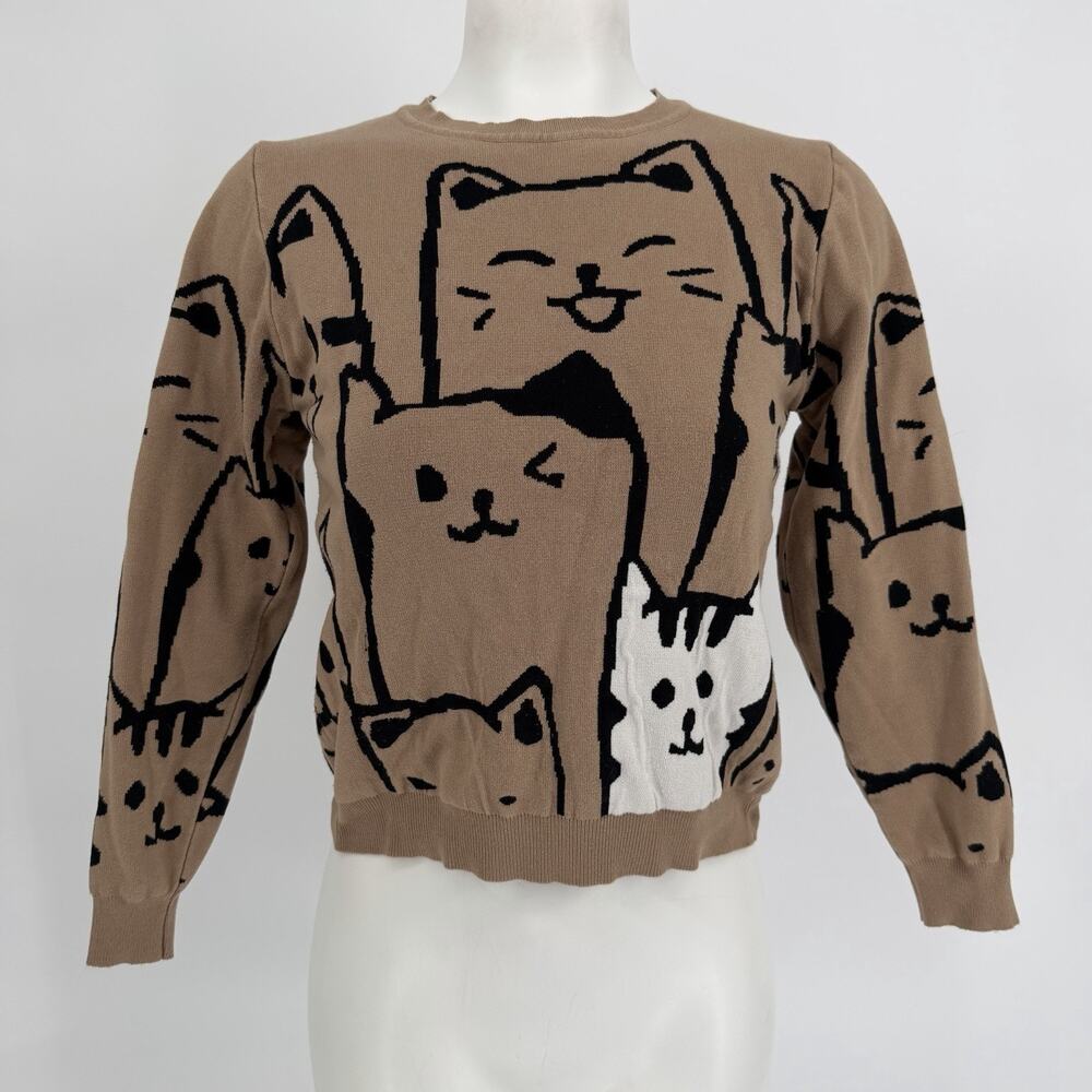Cat Print Knit Sweater S/M Tan Camel Beige Kawaii Harajuku Quirky Cat Lady Cozy